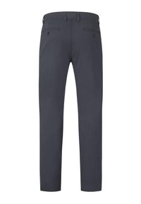 Dark gray trousers with a smooth texture, featuring two back pockets with button closures and a straight-leg design.