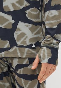 Camisa de manga longa com padrão camuflado em tons de azul escuro e bege, fabricada em material leve, com buracos para os polegares nas mangas e logótipo da marca na bainha.