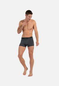 Grå boxershorts med svart elastiskt midjeband som har en logotyp. Tyget verkar slätt med en åtsittande design och kort längd.