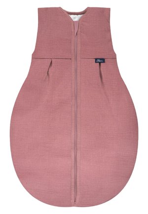 Rosa Schlafsack in runder Form, aus strukturierter Stoff gefertigt, mit einem Frontreißverschluss und zwei vorderen Taschen.