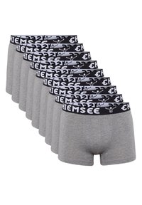 Grau-gestreifte Baumwollboxershorts, die in einer Reihe präsentiert werden, mit einem schwarzen Bund und weißem Logoaufdruck. Insgesamt sind acht Paare sichtbar.