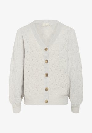 Lichtgrijze gebreide cardigan met een V-hals, lange pofmouwen, een patroonstructuur en vijf grote beige knopen aan de voorkant.