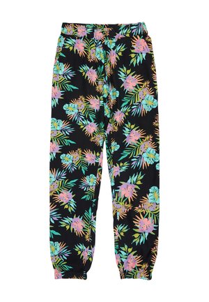 Black pants with elastic cuffs featuring a colorful tropical floral pattern in pink, turquoise, green, and orange leaves and flowers.