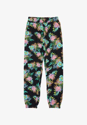 Pantaloni neri con polsini elasticizzati caratterizzati da un motivo floreale tropicale colorato in foglie e fiori rosa, turchese, verdi e arancioni.