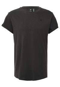T-shirt nera in cotone con colletto tondo, maniche corte arrotolate e un piccolo logo sul petto. Texture liscia, vestibilità regolare e senza motivi.