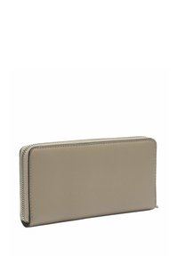 Beżowy skórzany portfel z zamkiem błyskawicznym, o prostokątnym kształcie, gładkiej teksturze i kontrastowym szyciu wzdłuż krawędzi.