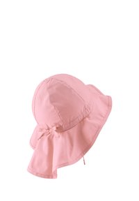 Rosa Baumwoll-Eimerhut mit breiter Krempe, verstellbarem Zugband und genähten Nähten. Weiche Textur, runde Krone und lässiges Design.