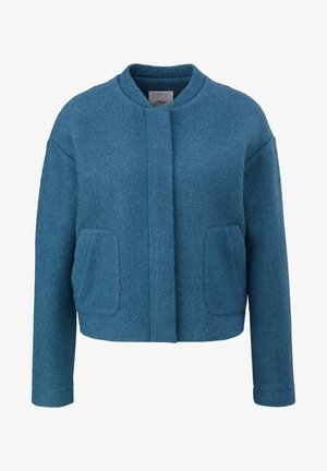 Blauer wollener kurzer Blazer mit langen Ärmeln, runder Kragen, Fronttaschen und verdecktem Knopfverschluss.