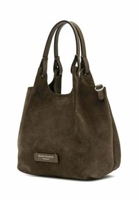 Borsa a spalla in suede marrone con doppie maniglie, dettaglio con fibbia argentata e etichetta Gianni Chiarini Firenze sul davanti.