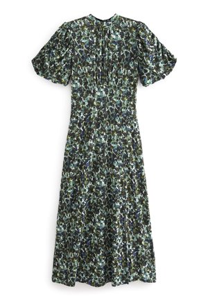 Langes Kleid mit kurzen Puffärmeln, tailliert und grünem, blauem, schwarzem und weißem abstraktem Blumenmuster.