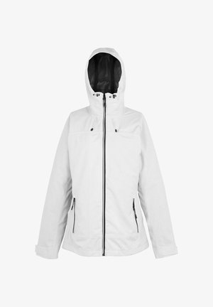 Biała kurtka z kapturem, zapinana z przodu na zamek, z regulowanymi sznurkami, zamykanymi na zamek kieszeniami po bokach oraz siatkową podszewką wewnątrz kaptura.