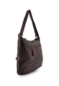 Dark brown leather shoulder bag with a woven side detail, single strap, front zip pocket, and soft, textured finish.