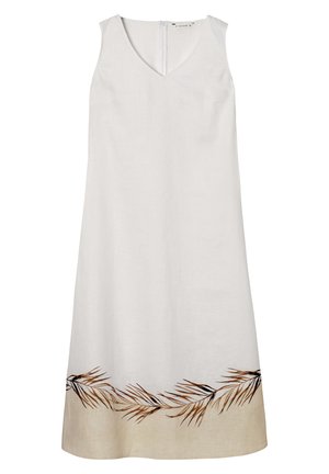 Rochie din in alb cu decolteu în V și design fără mâneci. Prezintă motive de frunze maro aproape de tiv și un fermoar ascuns la spate.