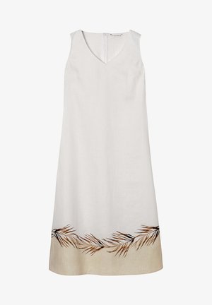 Abito bianco in lino con scollatura a V e senza maniche. Presenta motivi di foglie marroni vicino all'orlo e una cerniera nascosta sul retro.