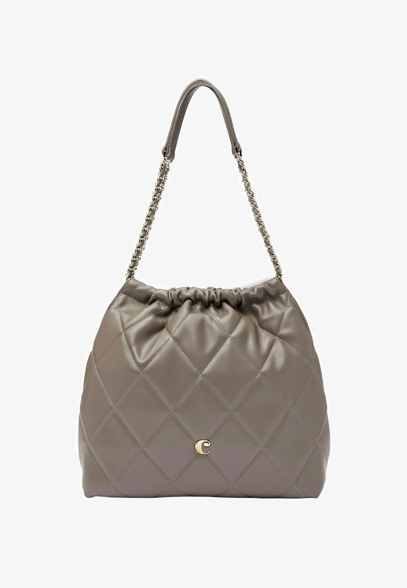 Pikowana szara skórzana torba na ramię z zebranym wlotem, łańcuszkowym paskiem i złotym akcentem logo. Posiada miękką, gładką fakturę oraz usztywniony kształt.
