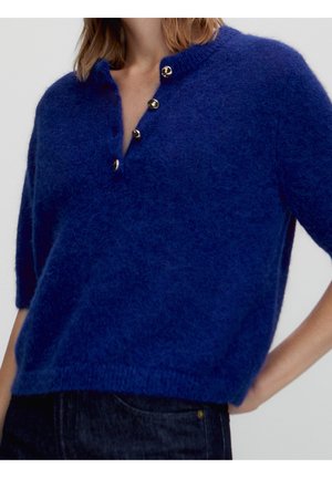 Blue fuzzy knit sweater with half buttons on the chest, worn with dark pants, showing midsection and part of the arms.