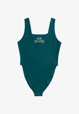 Turkooise badpak met brede schouderbanden en het "New Balance" logo in het midden van de borst.