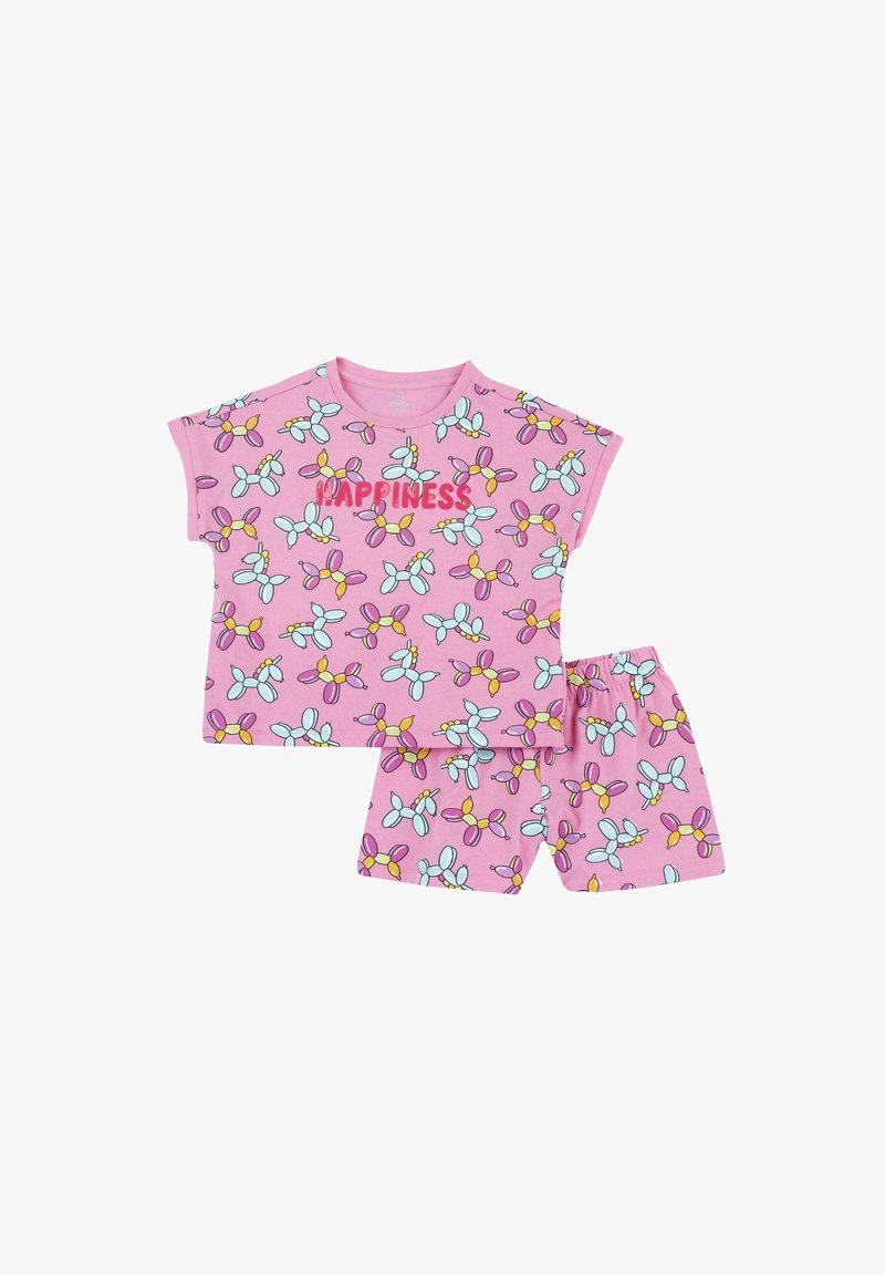 Ensemble de pyjama rose composé d'un haut à manches courtes et d'un short, orné d'un motif de ballons et du texte "BONHEUR" en rouge. Material en coton doux.