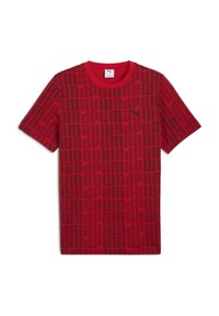 Red short-sleeve t-shirt with a textured pattern of black rectangles, featuring a black Puma logo on the left chest. Cotton material.