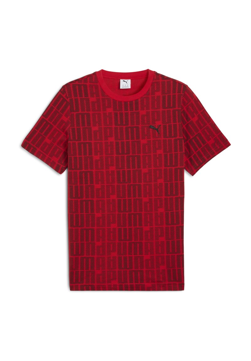 Red short-sleeve t-shirt with a textured pattern of black rectangles, featuring a black Puma logo on the left chest. Cotton material.