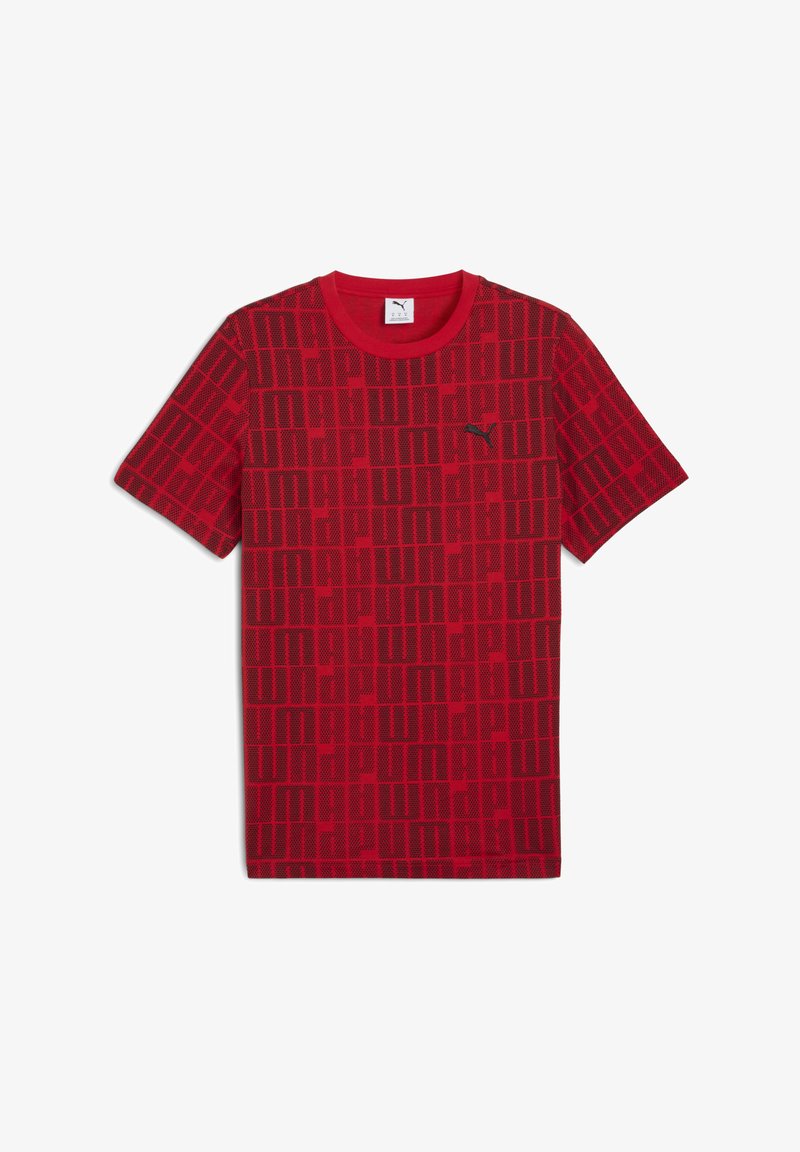 Rød kortærmet t-shirt med et tekstureret mønster af sorte rektangler, med et sort Puma-logo på venstre bryst. Materiale: bomuld.