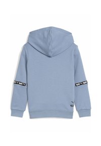 Felpa con cappuccio azzurro chiaro, maniche lunghe, bande nere con logo intorno agli avambracci e piccoli loghi vicino all'orlo inferiore sul retro.
