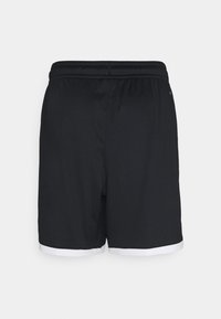 Pantalones cortos deportivos negros con cinturilla elástica y dobladillo blanco, que presentan una textura suave y un diseño sencillo.