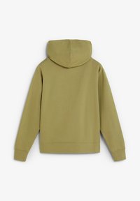 Olivgrön huvtröja med rund huva, långa ärmar och en texturerad tyg. Har en rak skärning och ribbade mudd och fåll.