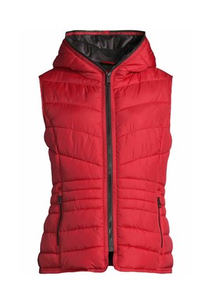 Gilet sans manches matelassé rouge avec capuche, fermeture éclair à l'avant et poches latérales zippées sur fond blanc.