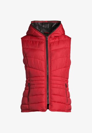 Gilet sans manches matelassé rouge avec capuche, fermeture éclair à l'avant et poches latérales zippées sur fond blanc.