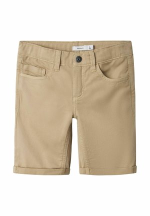 Beige knælange shorts med knaplukning, bæltestropper, forlommer og lille møntlomme samt opbukket kant.