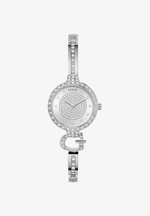 Orologio in acciaio inossidabile argentato con quadrante circolare, dettagli in strass e una fibbia decorativa a forma di G. Presenta un quadrante minimalista e una texture scintillante.