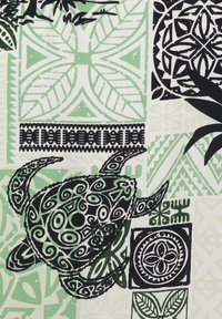 Intricate black and green turtle with swirl patterns surrounded by various geometric and leaf designs in green and black on a pale background.