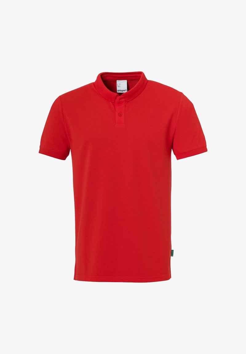 Rode polo shirt met korte mouwen, een mandarin-kraag en een knoopsluiting met één knop, voorzien van een klein stoffen label aan de zijkant.