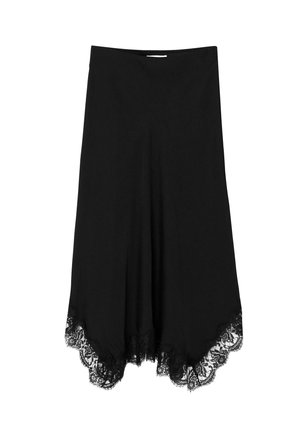 Jupe noire en tissu doux, dotée d'un ourlet en dentelle festonnée. Conception fluide avec une coupe asymétrique, idéale pour le superposition.