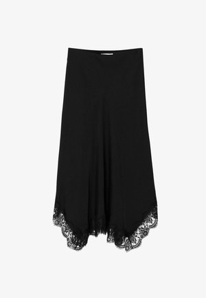 Jupe noire en tissu doux, dotée d'un ourlet en dentelle festonnée. Conception fluide avec une coupe asymétrique, idéale pour le superposition.