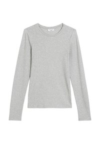 Szürke, hosszú ujjú póló, puha pamutból készült. Kerek nyakkivágással és finom varrásrészlettel a váll mentén.