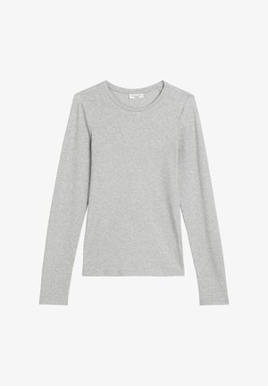 Grijze lange mouwen t-shirt van zachte katoen. Heeft een ronde halslijn en een subtiele stikseldetail langs de schouder.