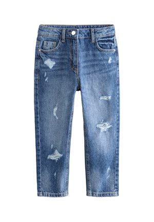 Blaue Jeans aus Denim mit regular Fit, versehen mit abgenutzten Rissen und ausgefransten Kanten, fünf Taschen und Kontrastnähten.