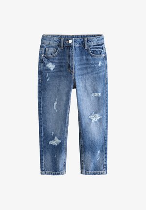 Jeans de mezclilla azul con un corte regular, presentando desgastes, roturas y bordes deshilachados, cinco bolsillos y costuras en contraste.