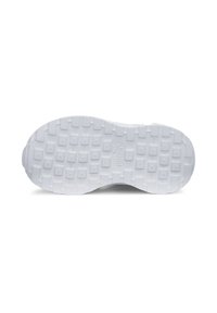 Semelle de sneaker en caoutchouc blanc avec un motif de adhérence texturé ; semelles rectangulaires et carrées pour la traction ; finition lisse avec détail de logo.