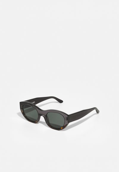 Black rectangular sunglasses with dark green lenses and a glossy finish, featuring thin temples with subtle accents.