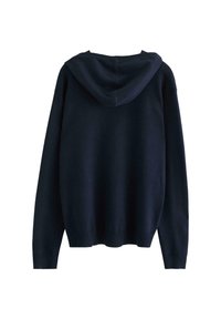 Felpa blu navy con tasca a marsupio, polsini e orlo a costine. Tessuto morbido con vestibilità rilassata e cappuccio regolabile con cordino.