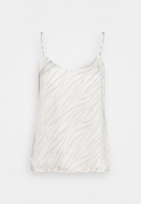 Satin cami-top med en mjuk, ljusbeige botten med subtila vita zebraränder, justerbara axelband och V-ringning.