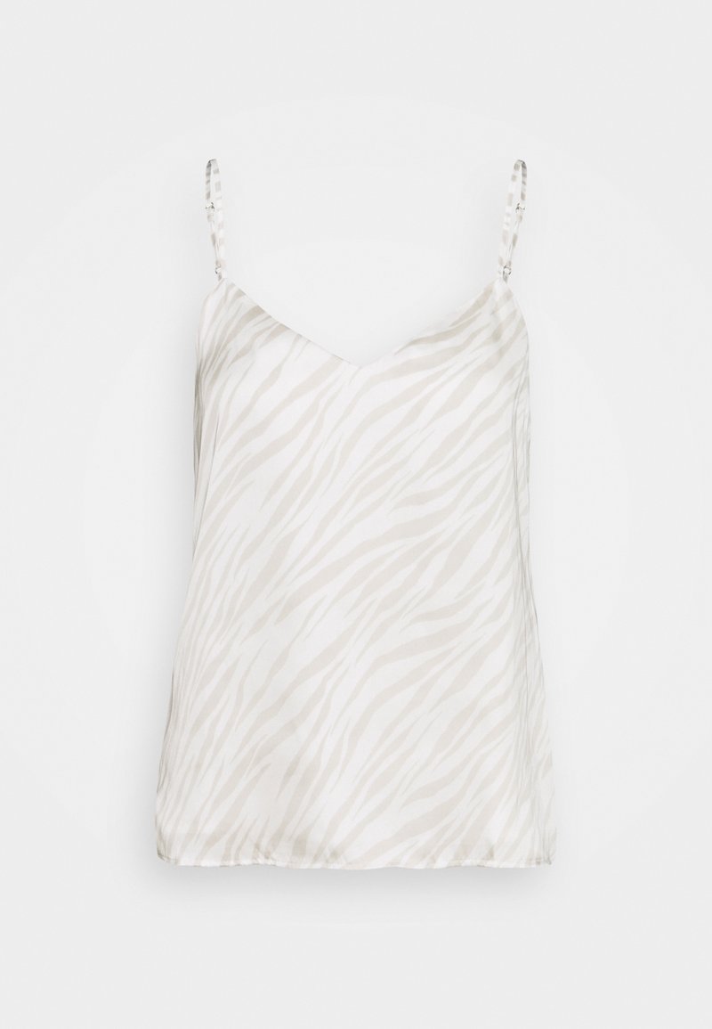 Satin cami-top med en mjuk, ljusbeige botten med subtila vita zebraränder, justerbara axelband och V-ringning.