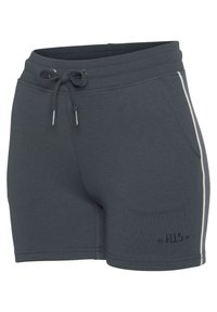 Gray cotton shorts with a drawstring waist, side stripes, and embroidered logo detail. Soft texture and fitted design.