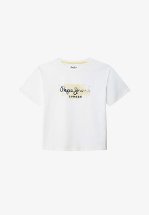 Biały bawełniany t-shirt z okrągłym dekoltem i krótkimi rękawami. Na przodzie nadruk z napisem "Pepe Jeans London" w kolorach niebieskim i żółtym.