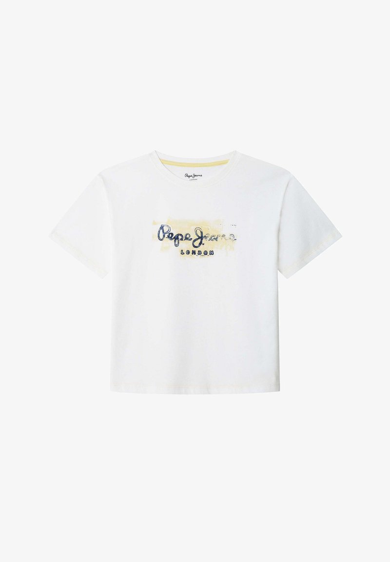 T-shirt en coton blanc avec col rond et manches courtes. Sur le devant, inscription "Pepe Jeans London" en impression graphique bleu et jaune.