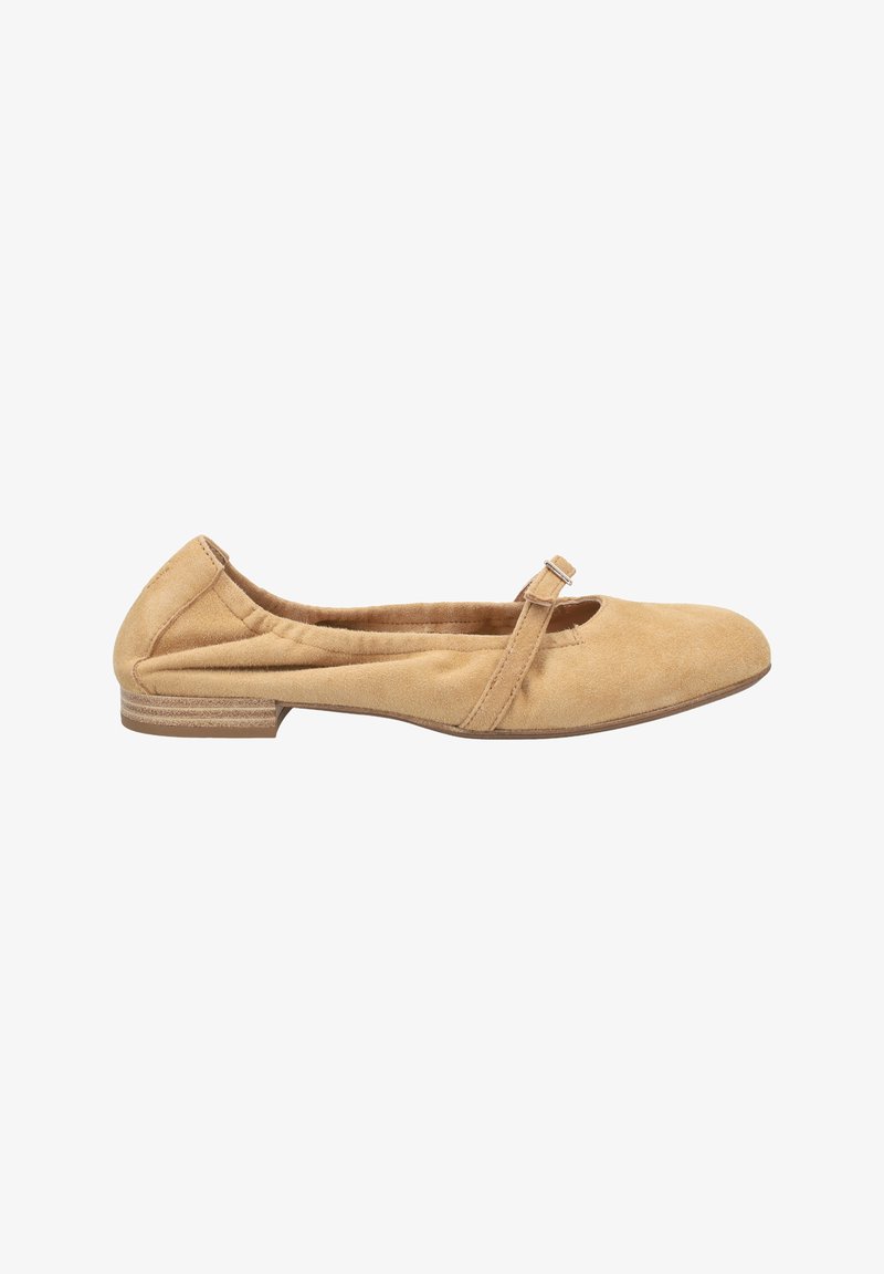 Ballerines en suède beige avec un bout rond et une sangle dotée d'une boucle en métal. Talon plat et détail froncé sur les côtés.