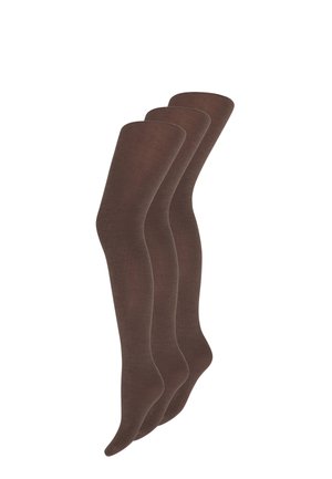Brune knæhøje strømpebukser med en glat tekstur, der har en ensfarvet og sømløs design, vist i en gruppe på tre.